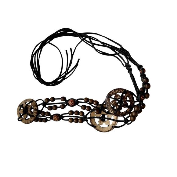 Macrame Fashion Belt Brown Boho Braided Beaded Wood Coconut Shell Fringe Festive - Picture 1 of 6